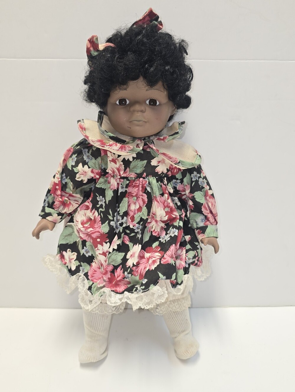 Vintage African American Girl Doll 14" Floral Dress Curly Hair Cloth Body